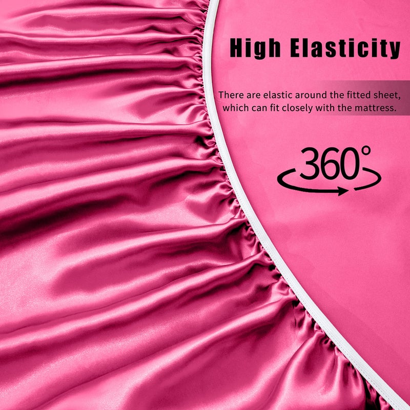 VACVELT 4pcs Hot Pink Satin Sheets Full Size Bed Set  15 Inch Deep Pocket Silky Satin Sheet Set  Soft Satin Bedding Set Cooling & Luxury Bed Sheets  1 Fitted Sheet + 1 Flat Sheet + 2 Pillowcases - Image 5